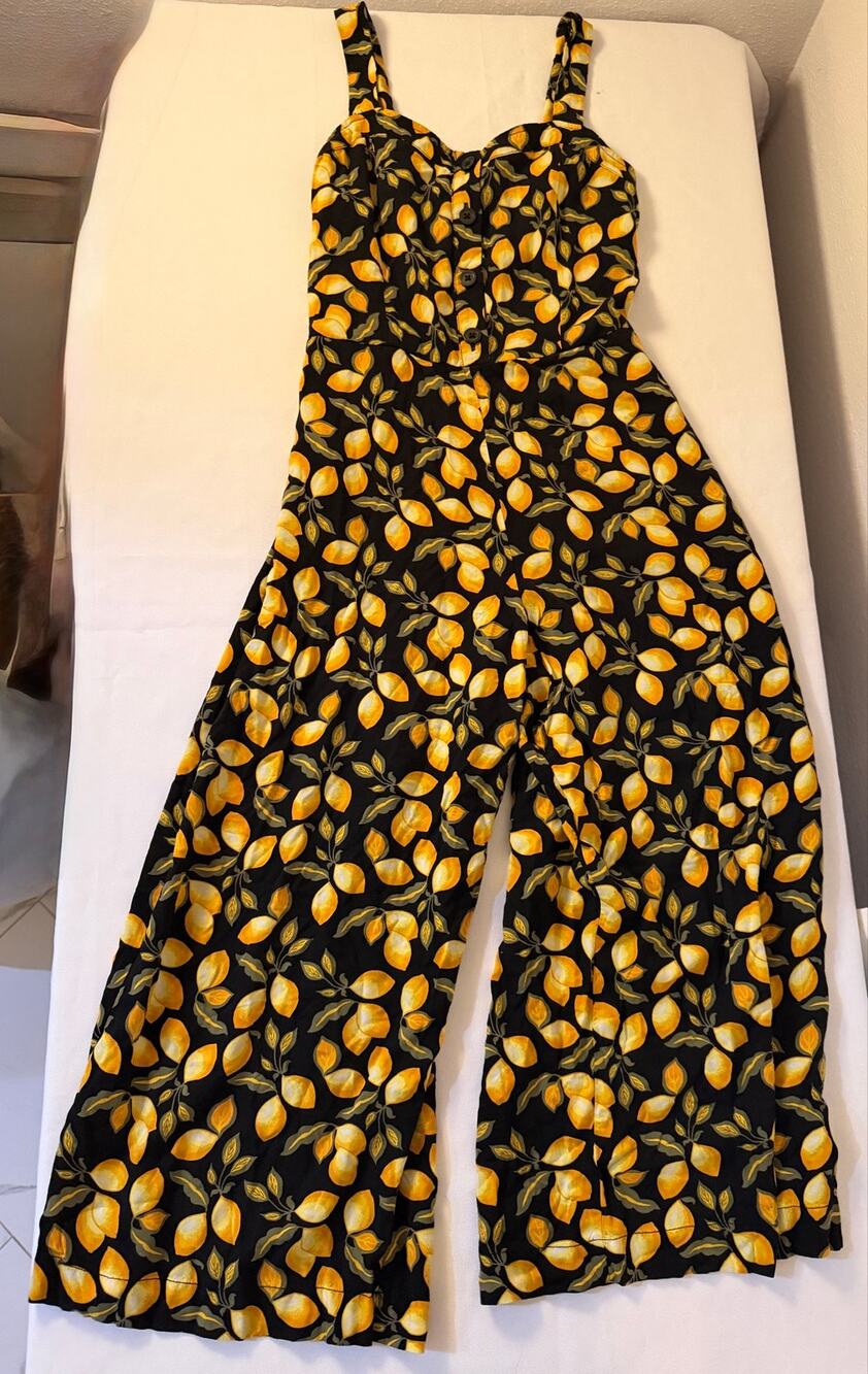 LOFT Outlet Petite XS Lemon Print Wide Leg Jumpsuit Smocked Cottagecore